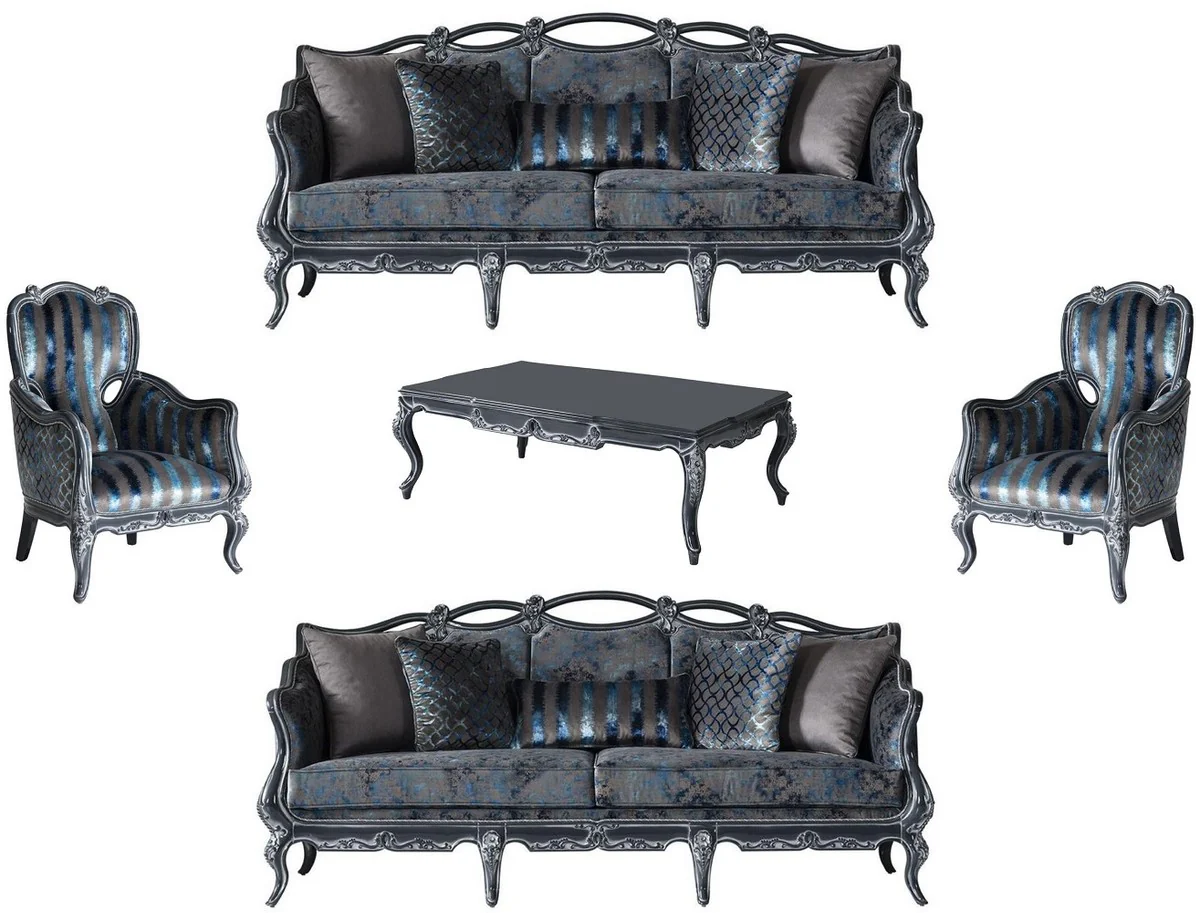 Casa Padrino conjunto de sala de estar barroco de lujo gris / azul / gris - 2 Sof¨¢s y 2 Sillones y 1 Mesa de Centro - Magn¨ªfico muebles de sal¨®n en estilo barroco