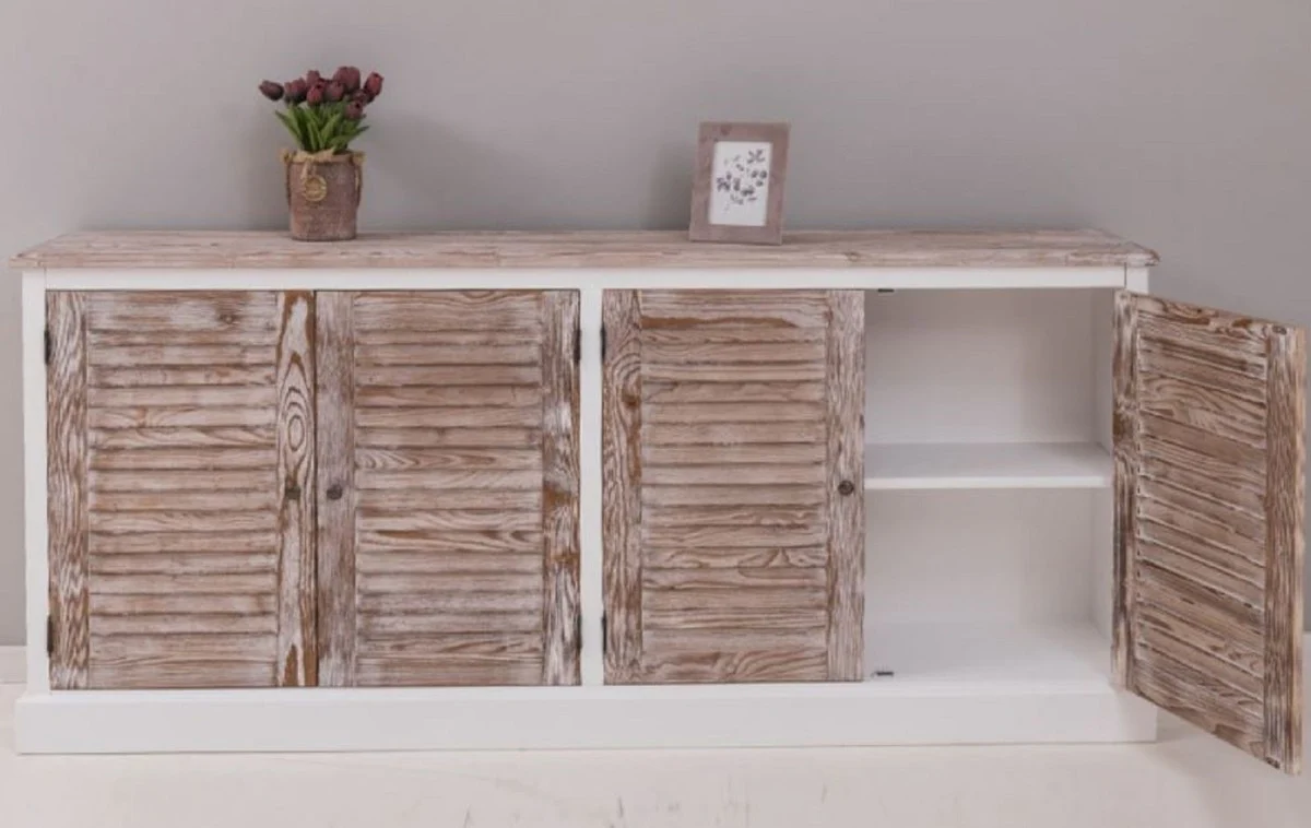 Casa Padrino aparador de estilo campestre blanco / natural 209 x 37 x A. 90 cm - Armario de madera maciza con 4 puertas - Muebles de madera maciza - Muebles de comedor - Muebles estilo campestre