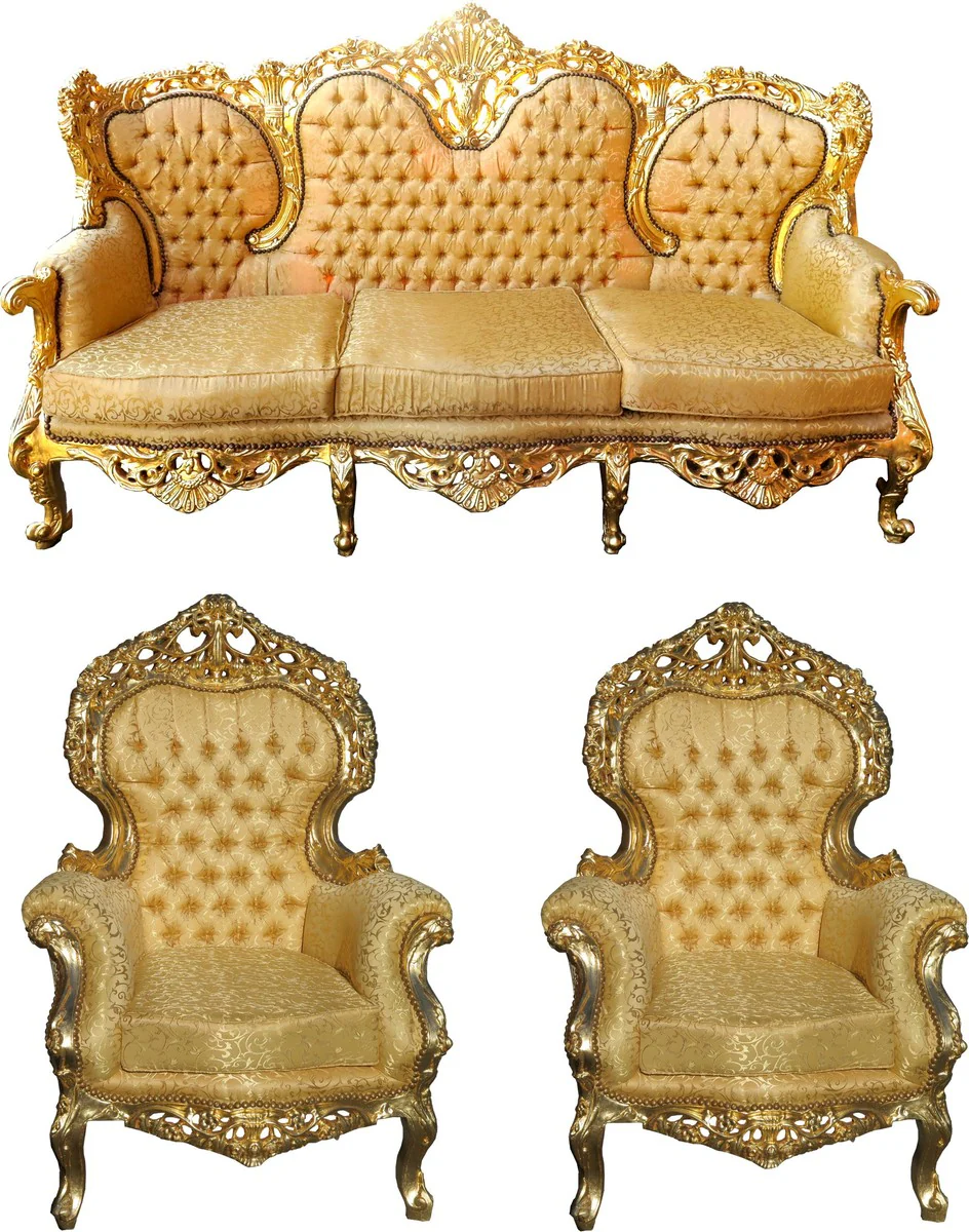 Casa Padrino Baroque Living Room Set Versailles Gold Pattern / antique gold - 3er sofa + 2 armchairs - lounge set