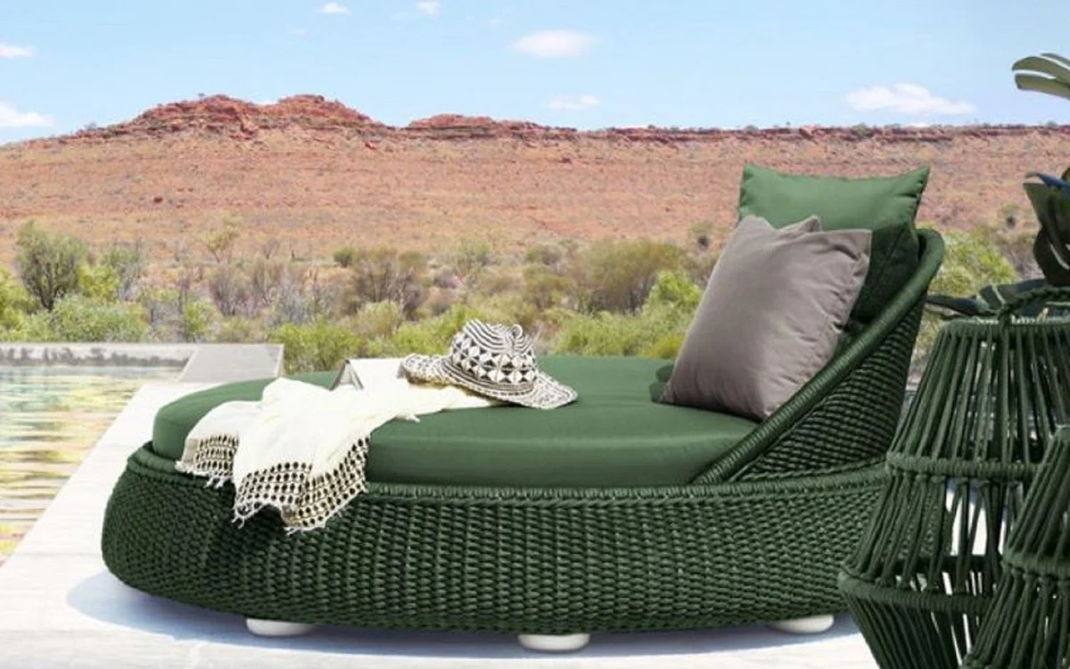 Casa Padrino isla tumbona de lujo con toldo verde oscuro Ø 153 x A. 71 cm - Isla de sol tejida a mano resistente a la intemperie - Muebles de jardín modernos - Muebles de hotel