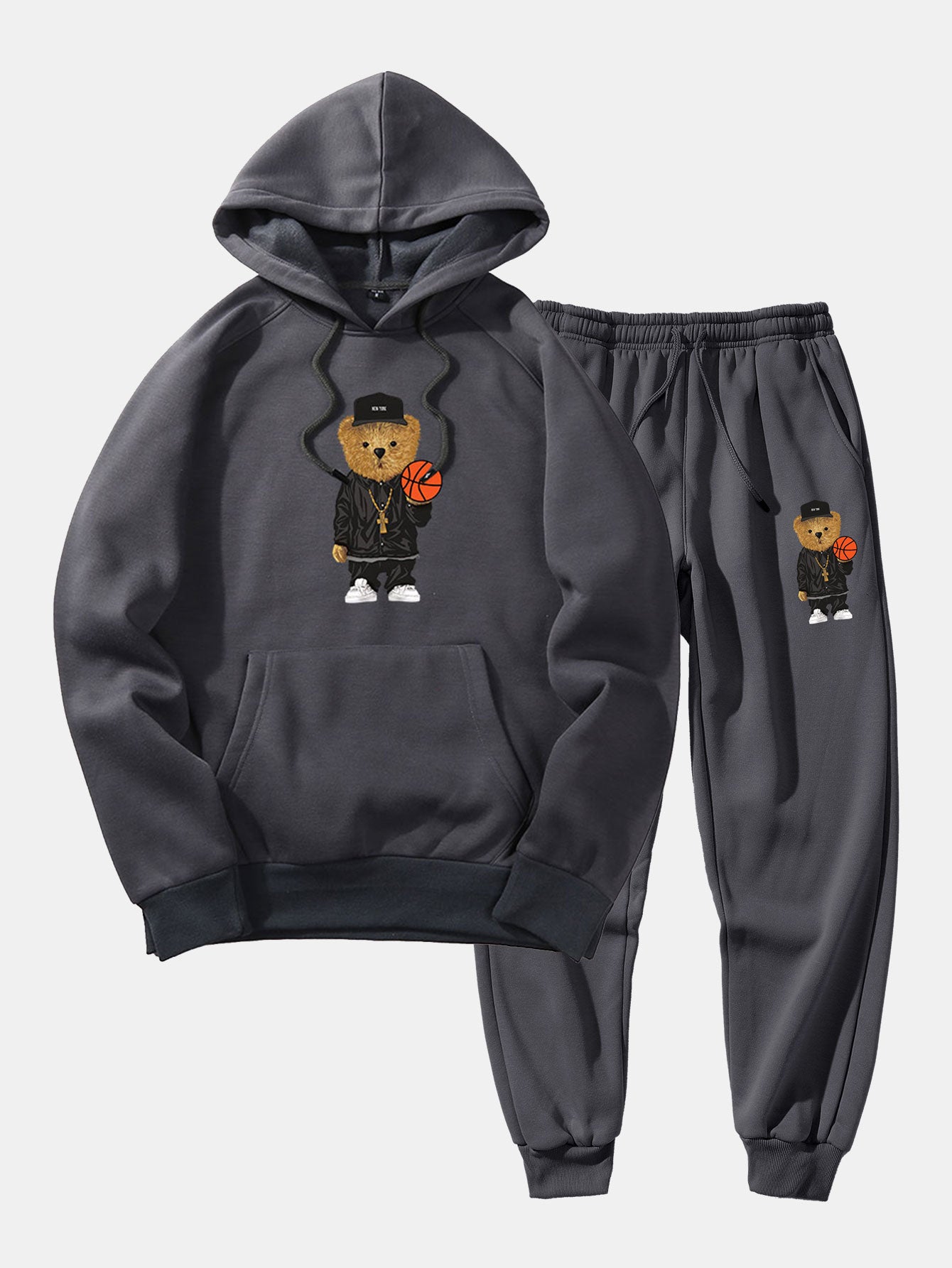 Basketball Bear Print Hoodie & Jogger Pants