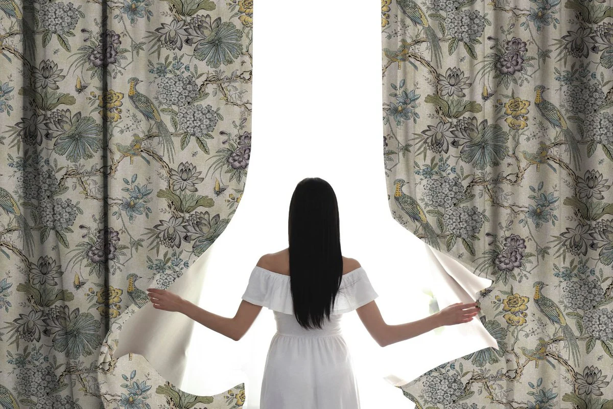 Casa Padrino conjunto de cortinas de lujo flores y pájaros beige claro / multicolor 250 x A. 290 cm - Cortinas de lino y terciopelo estampadas - Cortinas de ojales - Cortinas correderas