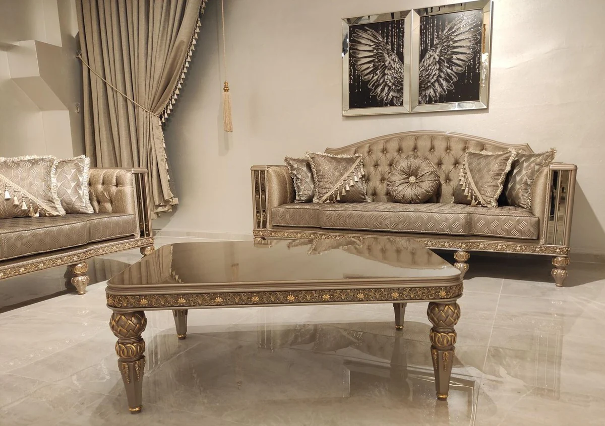 Casa Padrino sof¨¢ barroco Chesterfield de lujo oro / gris / oro - Magn¨ªfico sof¨¢ de sal¨®n - Muebles de lujo estilo barroco - Muebles de sal¨®n estilo barroco - Muebles barrocos