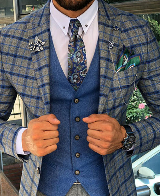 OK Casual Plaid Notch Lapel Sax Slim-Fit Blazer