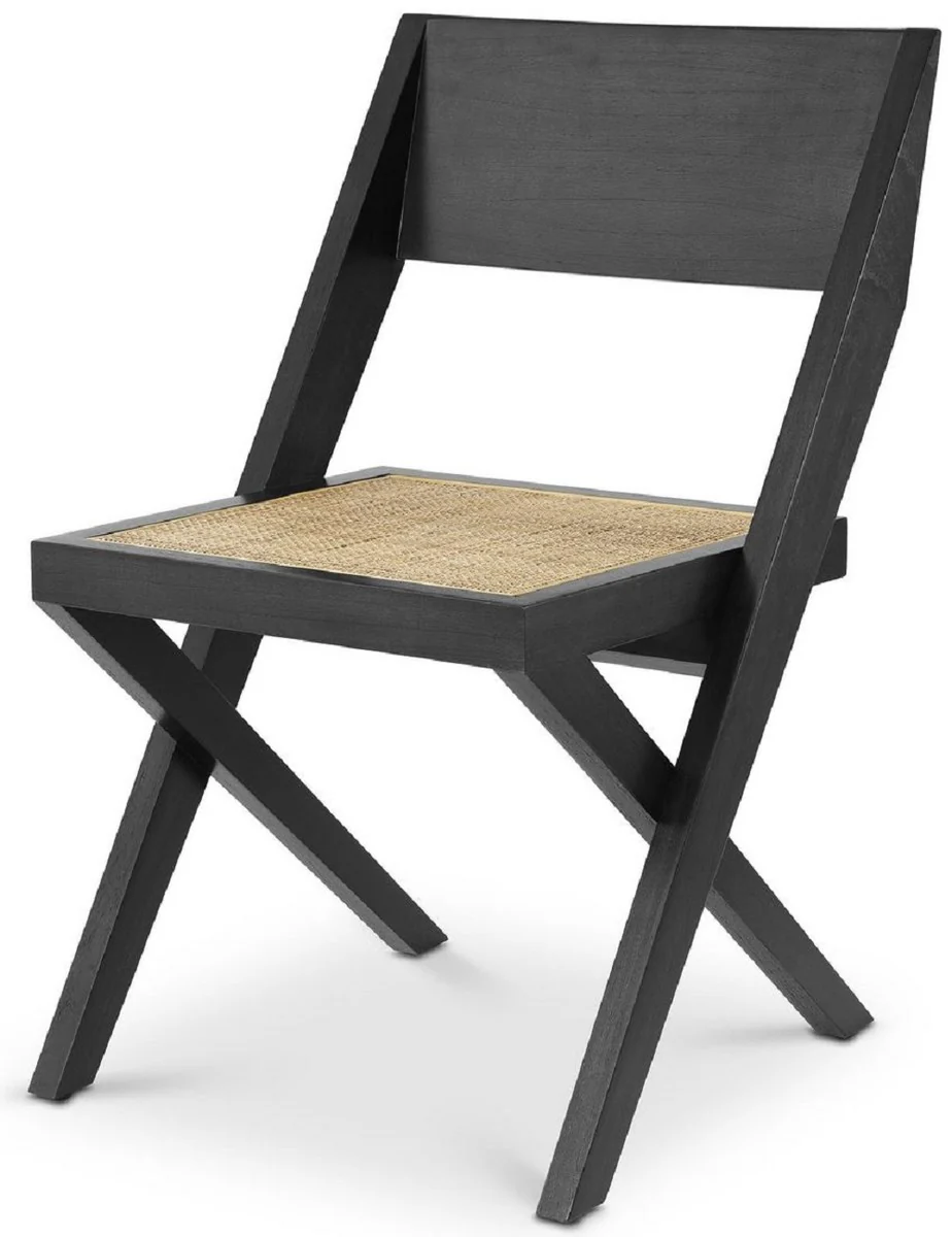 Casa Padrino silla de comedor de lujo negro / natural 53 x 56 x A. 85 cm - Silla de madera maciza con rat¨¢n - Muebles de comedor de lujo