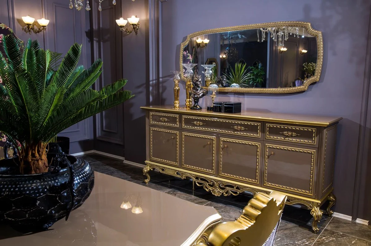 Casa Padrino conjunto de muebles barrocos de lujo aparador con espejo gris / oro - Aparador de madera maciza adornada con espejo de pared - Muebles nobles en estilo barroco - Calidad de Lujo
