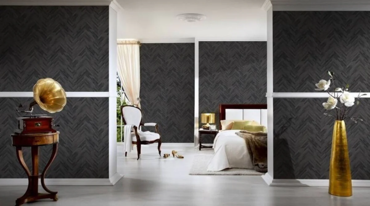 Papel Pintado no Tejido Barroco de Diseño Versace IV 37051-4 Gris / Negro - Papel Pintado con Estructura de Madera - Alta Calidad