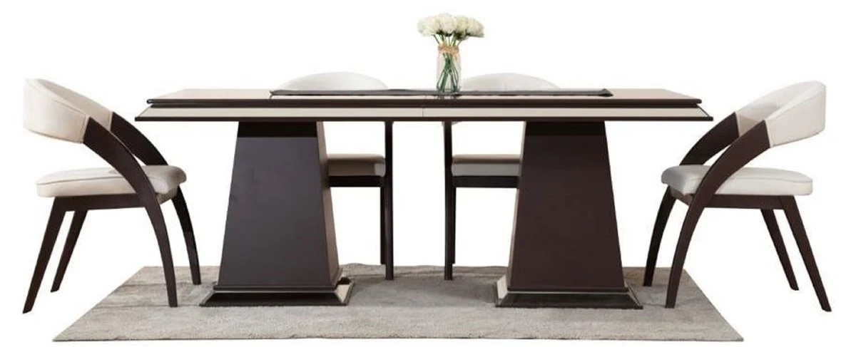 Casa Padrino conjunto de comedor Art Deco de lujo crema blanco / marr¨®n oscuro - 1 Mesa de comedor con espejo Art Deco de lujo y 6 Sillas de comedor Art Deco de lujo - Muebles de Comedor Art Deco