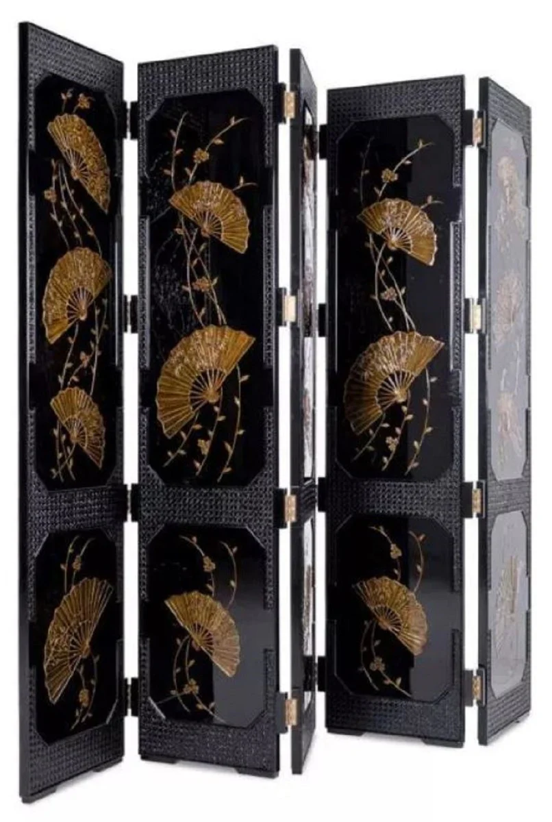Casa Padrino separador de ambientes de lujo negro / oro 220 x 3 x A. 182 cm - Biombo plegable de madera maciza de estilo chino - Muebles de dormitorio - Muebles de hotel - Muebles de lujo