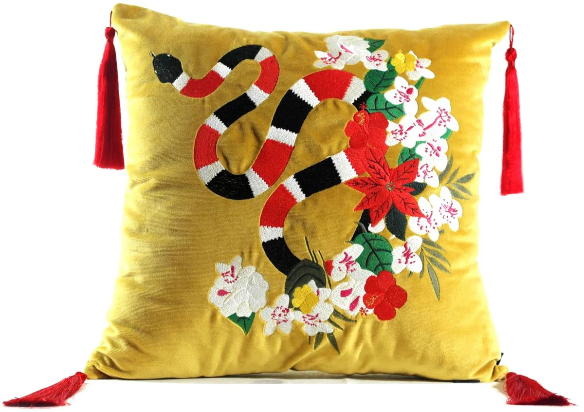 Casa Padrino almohada de lujo con borlas serpiente amarillo / multicolor 45 x 45 cm - Tejido de Terciopelo M¨¢s Fino - Calidad de Lujo