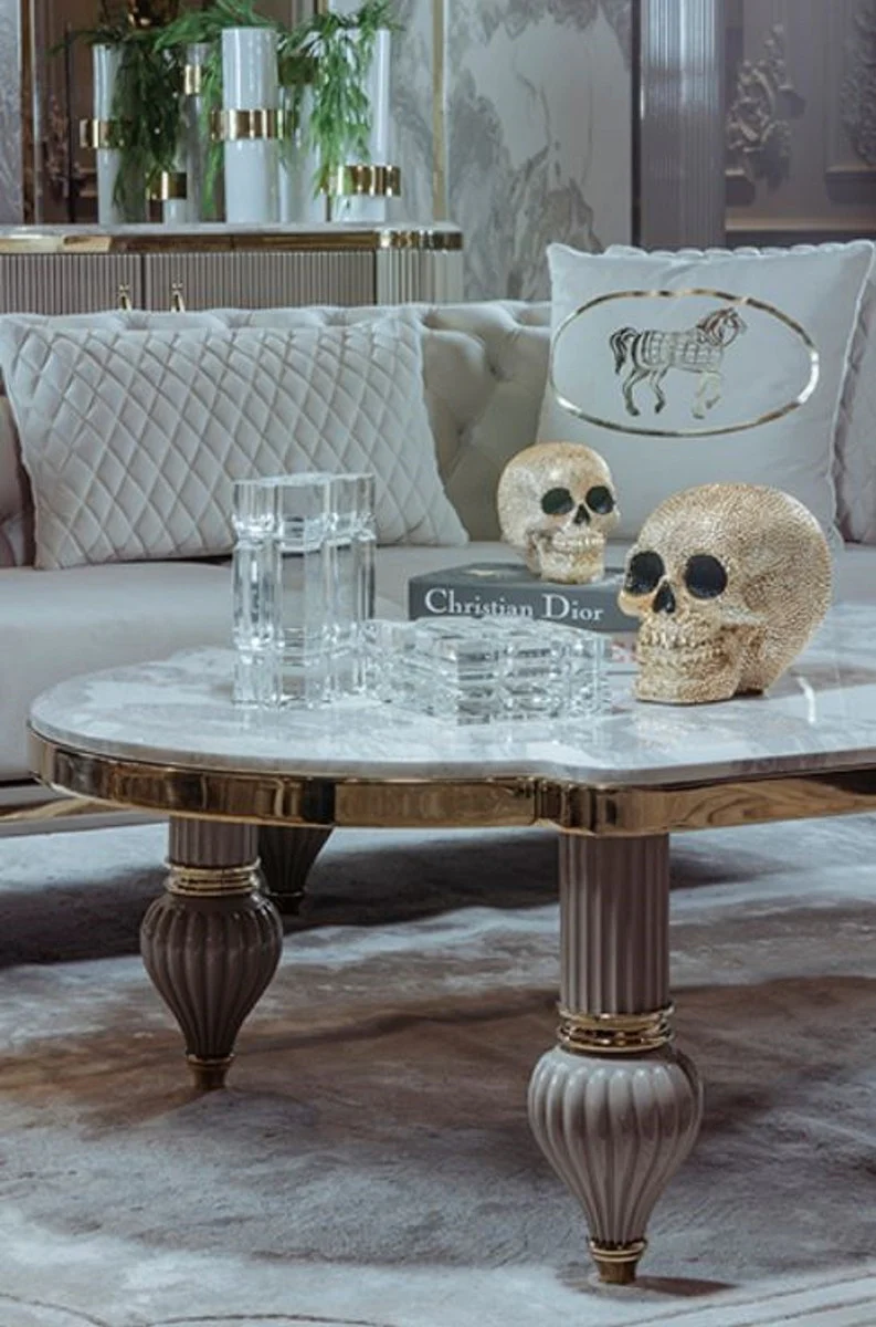 Casa Padrino mesa de centro Art Deco de lujo gris / blanco / oro 160 x 87 x A. 46 cm - Magn¨ªfica mesa de sal¨®n de madera maciza con tablero de m¨¢rmol artificial - Muebles de Sal¨®n Art Deco