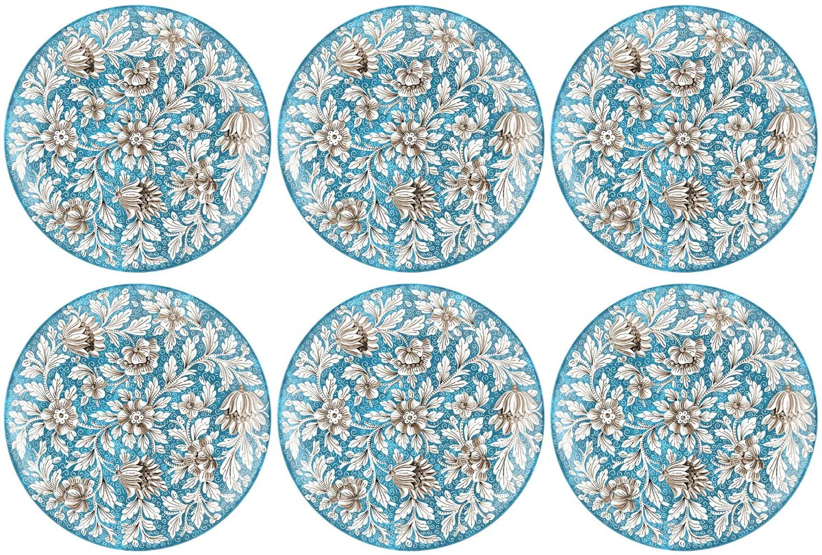 Casa Padrino conjunto de 6 platos de cer¨¢mica de lujo azul claro / multicolor ? 40 cm - Platos llanos hechos y pintados a mano con dise?o floral - Accesorios hoteles y restaurantes - Hecho en Italia