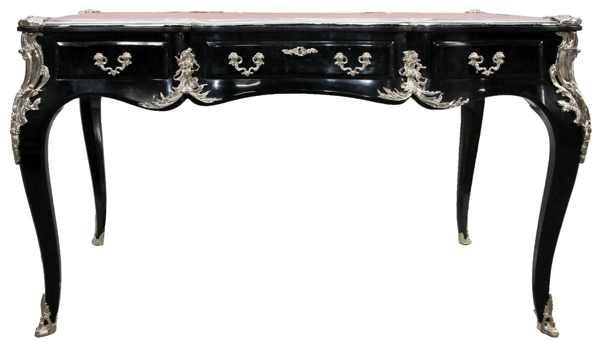 Casa Padrino escritorio barroco de lujo con 3 cajones y aplicaci¨®n de metal s¨®lido negro / plata / burdeos 141 x 65 x H. 80 cm - Muebles de Oficina Barrocos