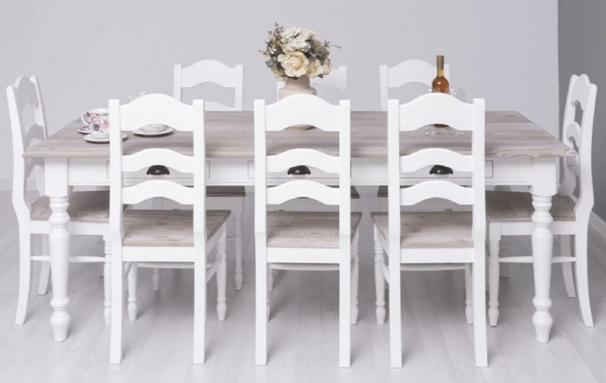 Casa Padrino conjunto de muebles de comedor de estilo campestre blanco / natural - 1 Mesa de Comedor y 8 Sillas de Comedor - Muebles de comedor de madera maciza de estilo campestre