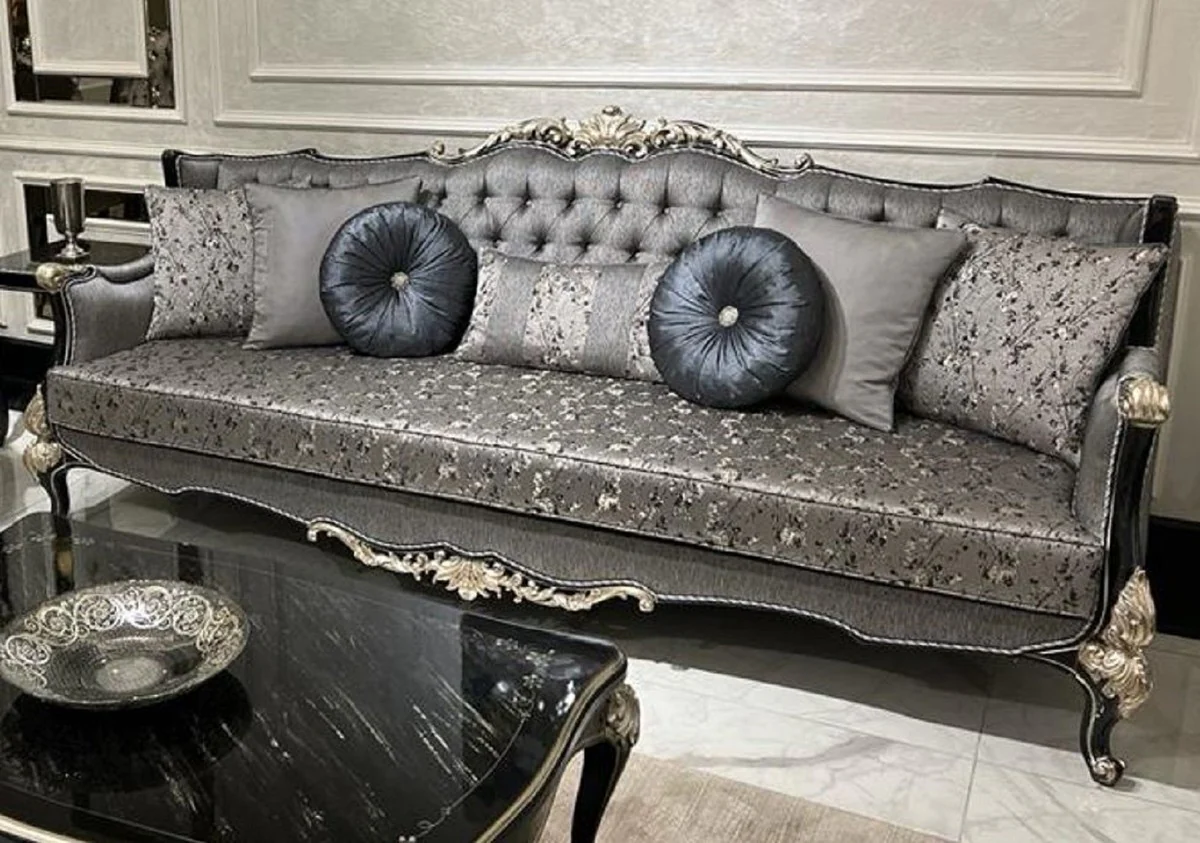 Casa Padrino sof¨¢ barroco de lujo plata / negro / plata - Sof¨¢ de sal¨®n hecho a mano con patr¨®n elegante y cojines decorativos - Muebles de sal¨®n en estilo barroco