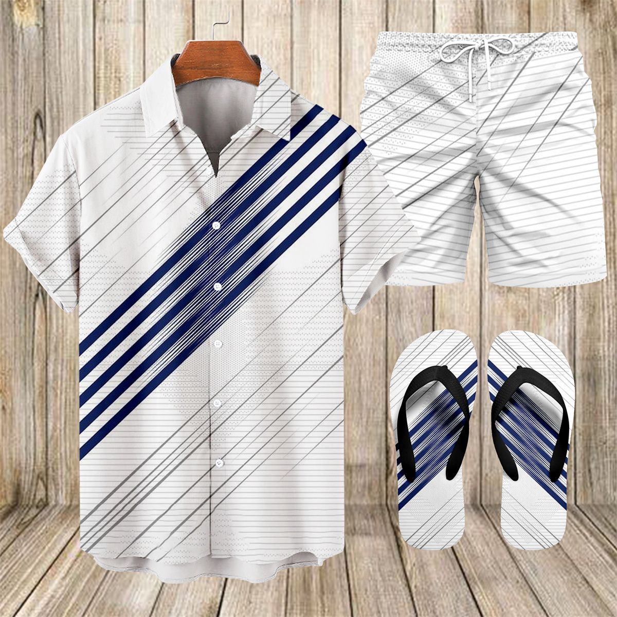 Suitmens Men's Hawaiian Bowling Print Shirt Three-Piece Set 051