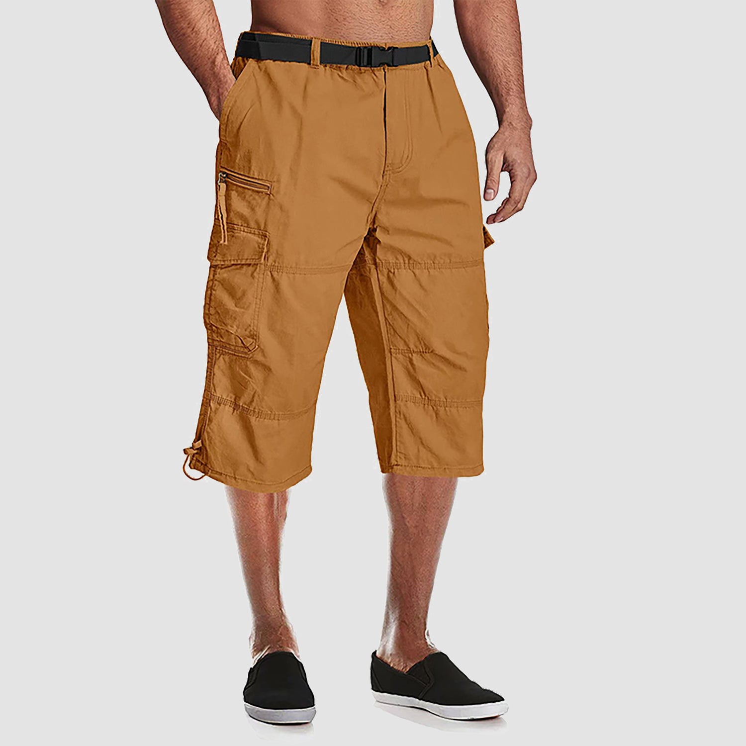 Men Summer Casual 3/4 Long Cargo Shorts Twill Cotton Elastic Waist Multiple Pockets Comfortable Capris Trousers