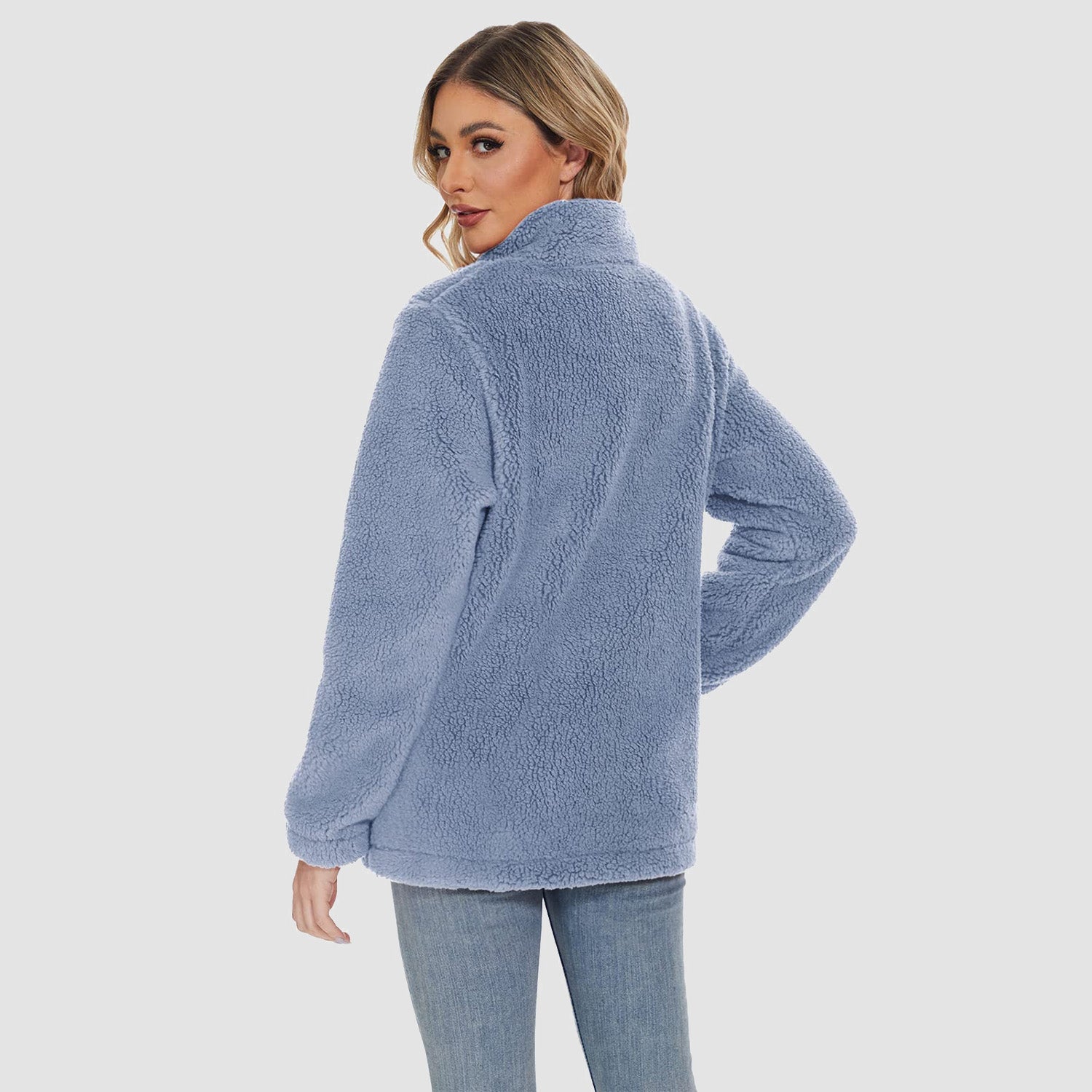 Women Sherpa Jacket Full-Zip Fuzzy Fleece Teddy Casual Coats Zip Pockets Winter Warm Soft Jackets