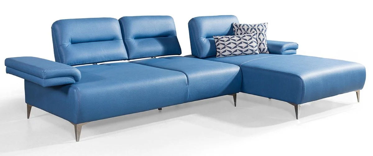 Casa Padrino sof¨¢ esquinero de cuero artificial de lujo azul / plata 285 x 182 cm - Muebles de sal¨®n