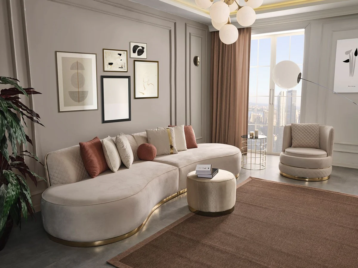 Casa Padrino sof¨¢ de 4 plazas de lujo crema / oro 330 x 120 x A. 76 cm - Sof¨¢ de sal¨®n con tela de terciopelo fino - Muebles de sal¨®n - Muebles de lujo - Interiores de sal¨®n - Interiores de lujo