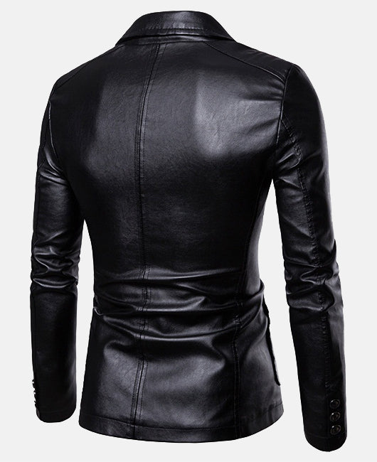 Basic Plain Lapel Collar Two Button Leather Blazer