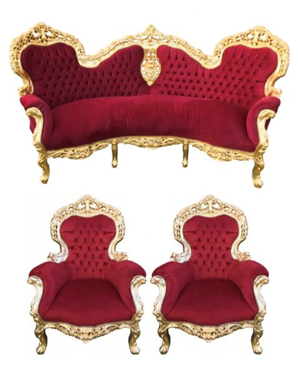 Sof¨¢ barroco Casa Padrino Adorne Bordeaux / Gold + 2 Sillones - Living Baroque - Edici¨®n limitada