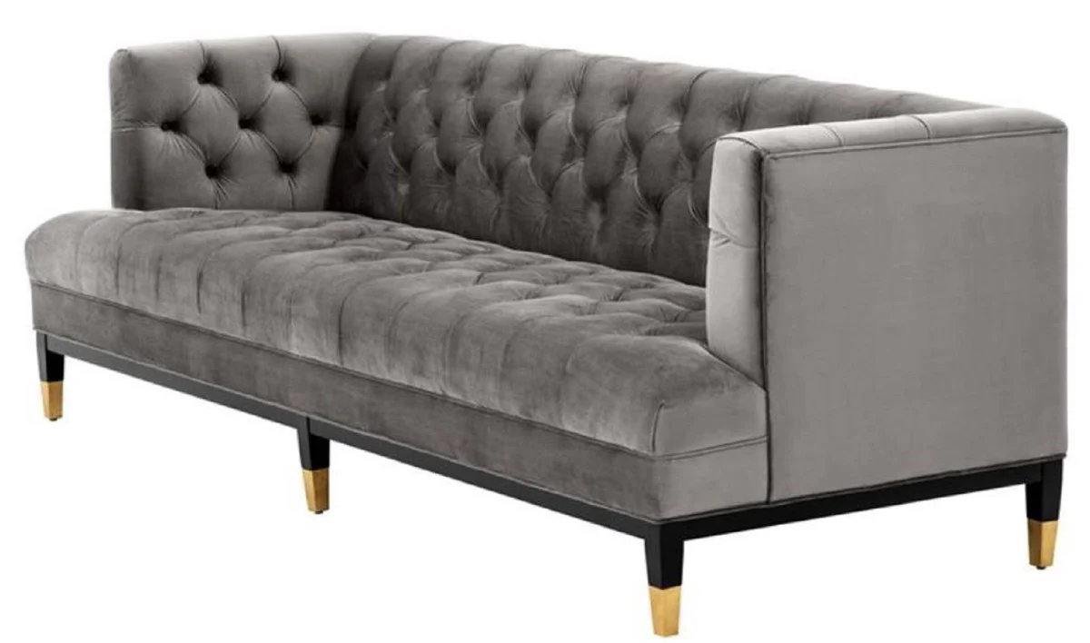 Casa Padrino sofá de la sala de estar de lujo gris / negro / latón 230 x 85 x H. 79 cm - Sofá Chesterfield de Terciopelo