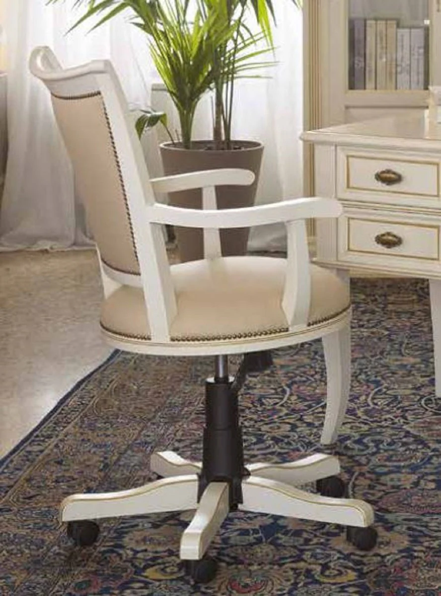 Casa Padrino silla de oficina de lujo beige / crema antiguo / negro - Silla de escritorio ajustable en altura - Silla giratoria con cuero artificial - Muebles oficina de lujo - Hecho en Italia