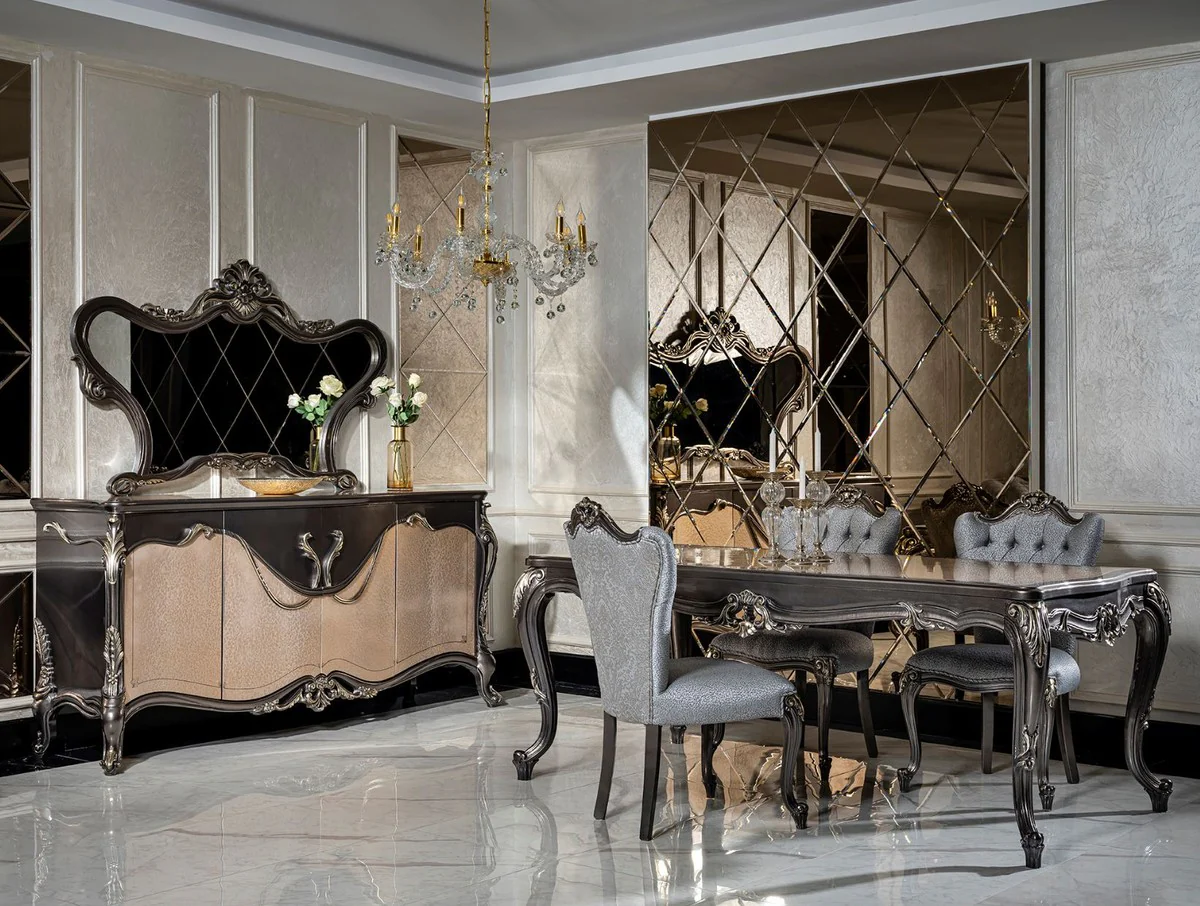 Casa Padrino conjunto de comedor barroco de lujo azul claro / gris oscuro - 1 Mesa de Comedor y 6 Sillas de Comedor - Muebles de comedor de estilo barroco nobles