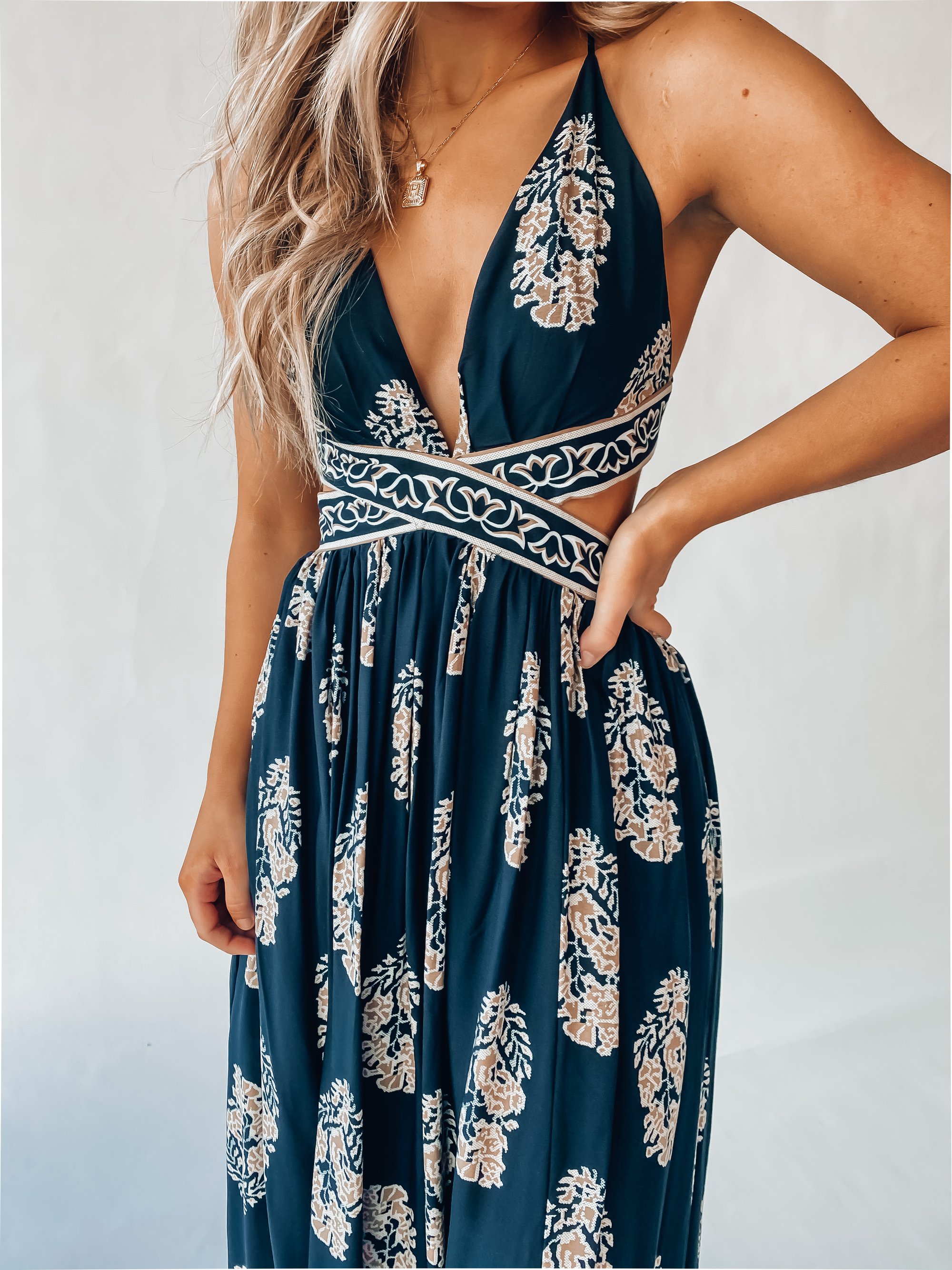 Women's Backless Sexy Slit Print Dress