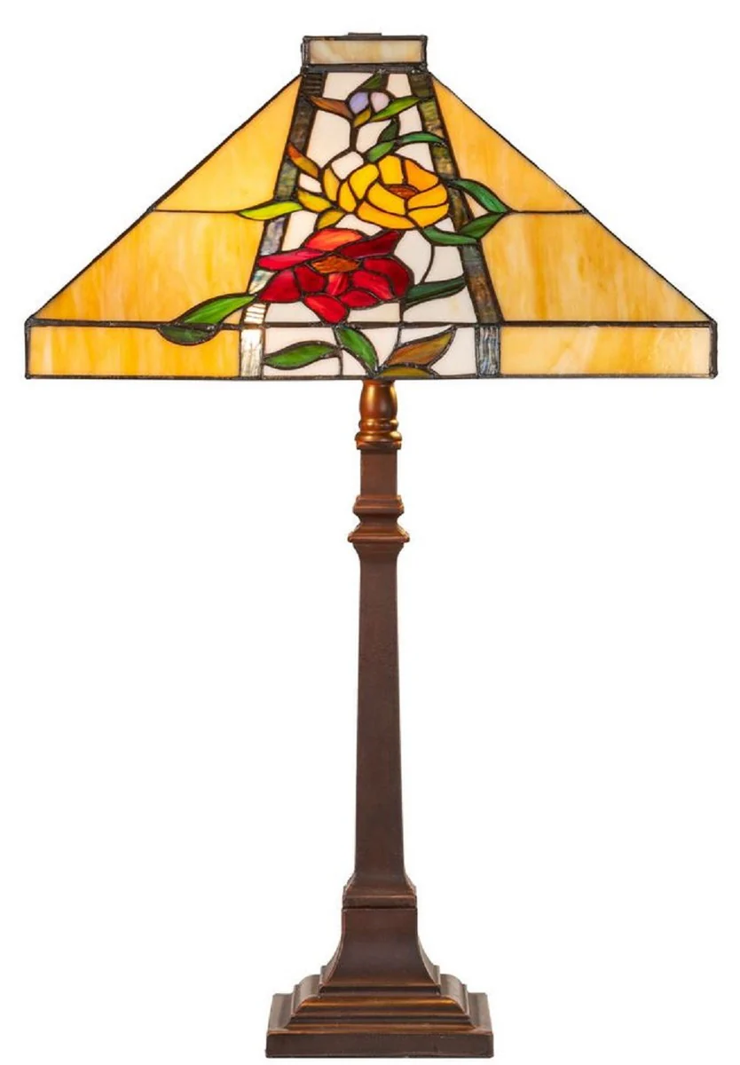 Casa Padrino Lámpara de Mesa Tiffany de Lujo Marrón / Multicolor 40 x 40 x H. 62 cm - Lámpara Tiffany con Diseño de Flores