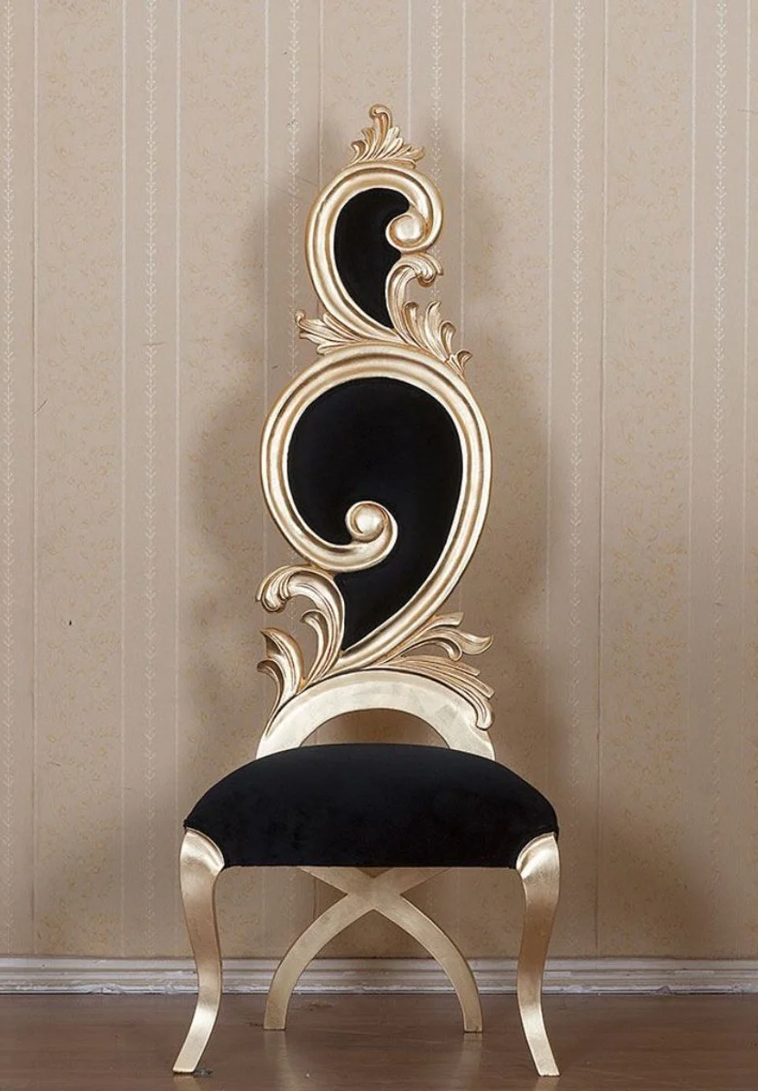 Casa Padrino silla de comedor barroco negro / oro 65 x 54 x A. 166 cm - Magn¨ªfica silla de cocina de caoba con terciopelo noble - Muebles de comedor barrocos