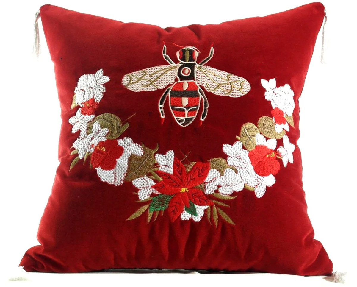 Casa Padrino almohada de lujo con borlas abeja rojo / multicolor 45 x 45 cm - Tejido de Terciopelo M¨¢s Fino - Accesorios de Decoraci¨®n de Lujo