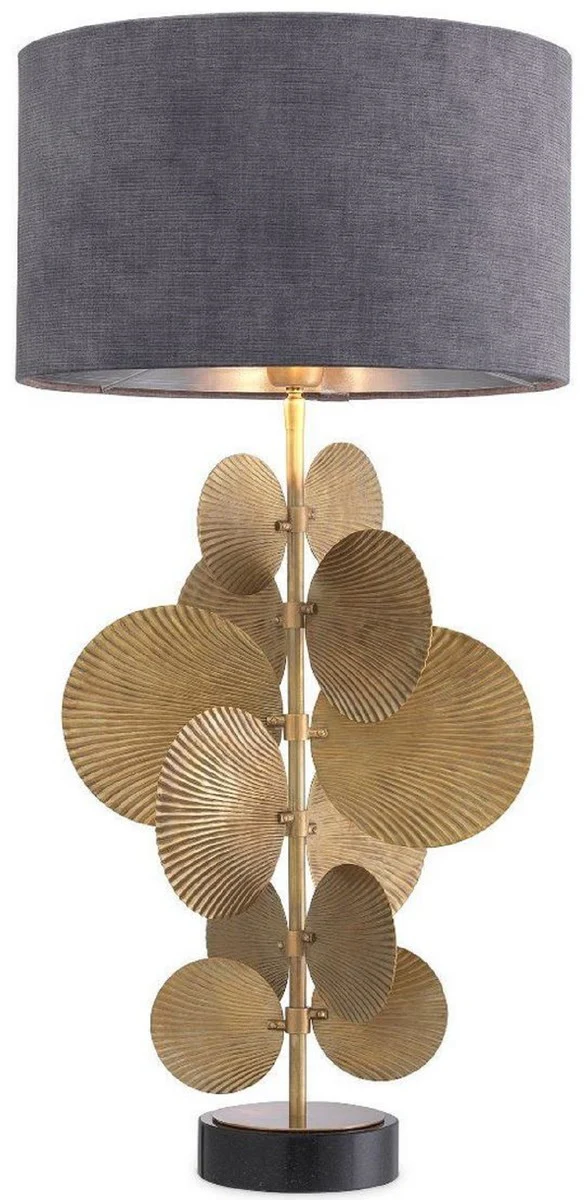 Casa Padrino lámpara de mesa de lujo latón vintage / negro / gris Ø 40 x A. 83 cm - Lámpara de mesa moderna con base de granito y pantalla redonda - Lámpara de salón