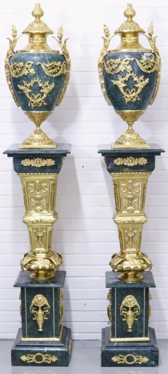 Casa Padrino baroque vases with marble pillars set blue / gold 30 x 30 x H. 180 cm - Noble & Sumptuous