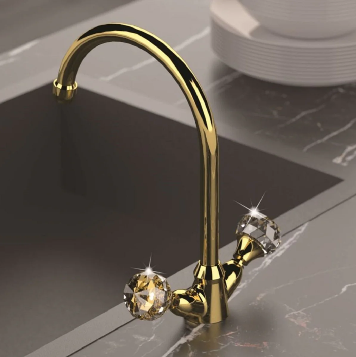 Casa Padrino mezclador de lavabo de lujo con cristal Swarovski oro A. 30 cm - Mezclador monomando con vaciador - Accesorios de baño de lujo - Hecho en Italia