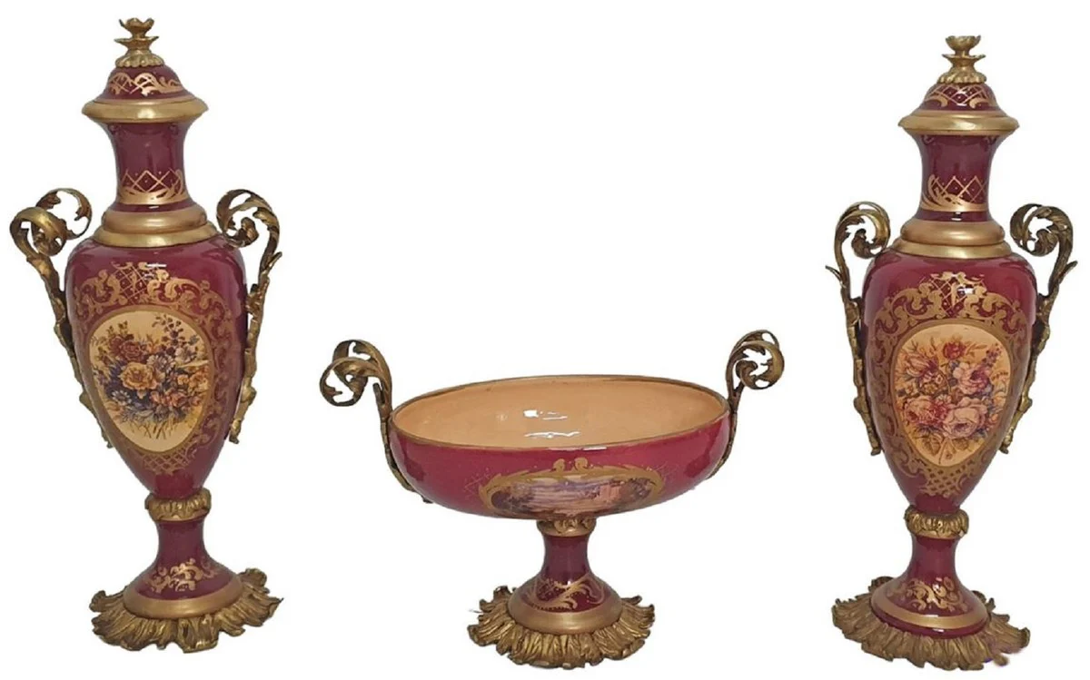 Casa Padrino conjunto de jarrones barrocos de cerámica decorativa con cuenco rojo / multicolor / latón - Magnífica decoración estilo barroco - Accesorios decorativos barrocos - Muebles barrocos