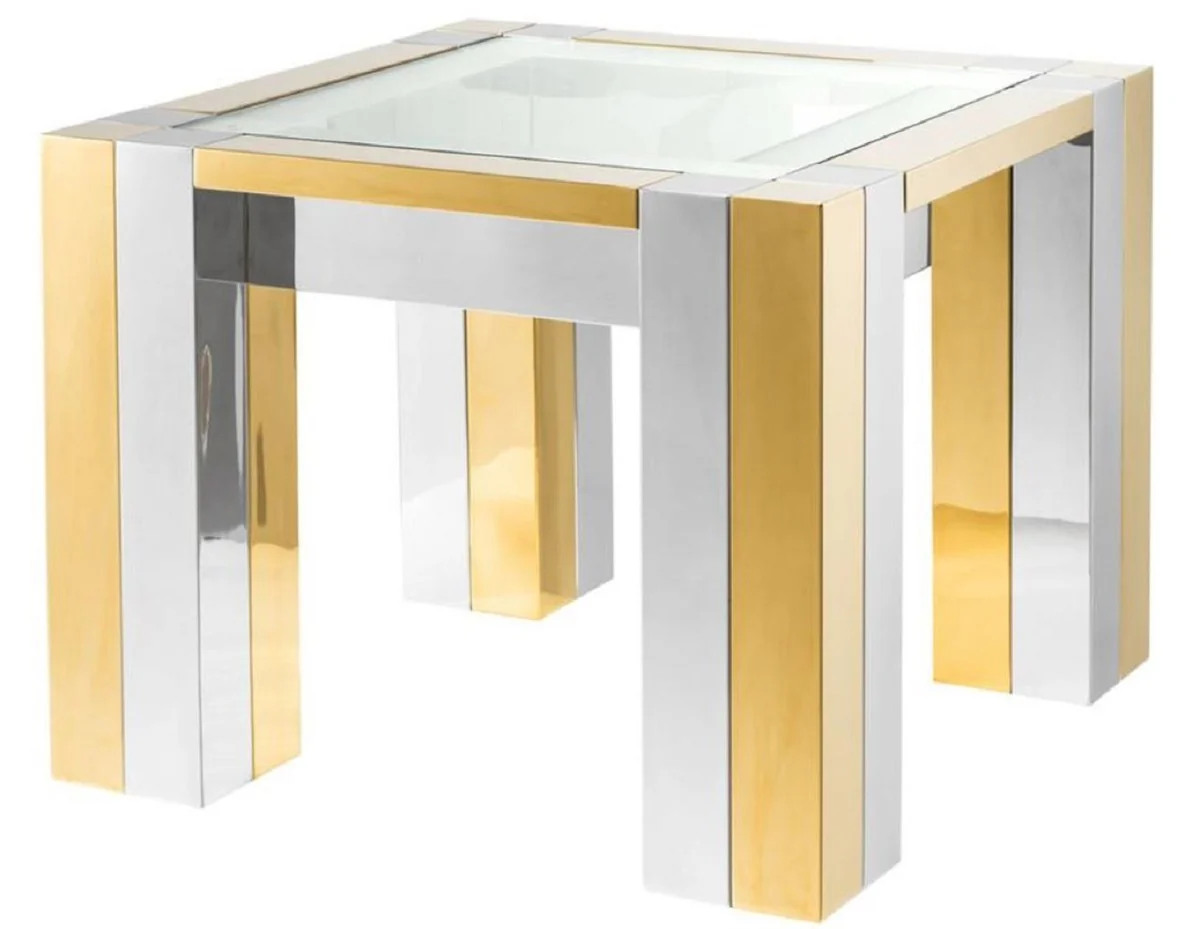 Casa Padrino mesa auxiliar de acero inoxidable de lujo plata / oro 65 x 65 x H. 50 cm - Mesa Auxiliar de Dise?o con Tapa de Vidrio
