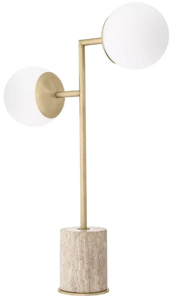 Casa Padrino lámpara de mesa de lujo travertino / latón antiguo / blanco 51 x A. 70 cm - Lámpara de escritorio con base de travertino y pantallas de vidrio - Iluminación de lujo - Muebles de lujo