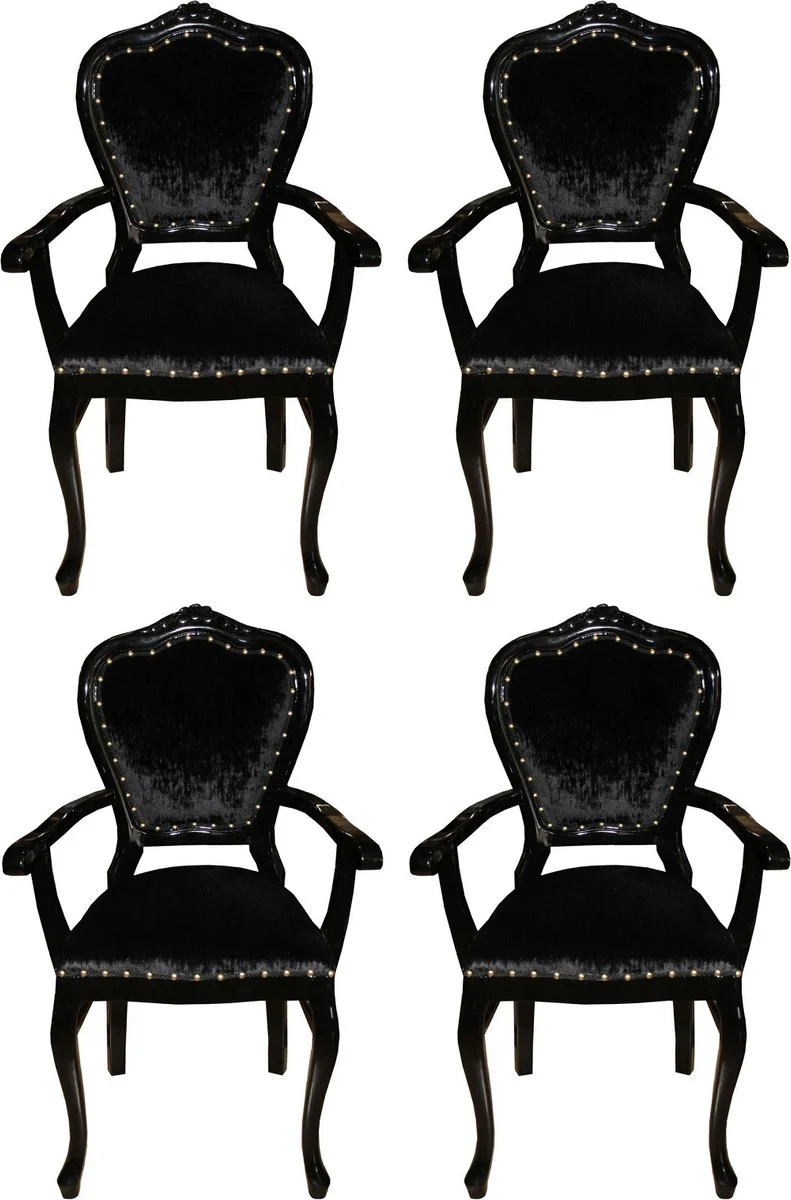 Casa Padrino Conjunto de Sillas de Comedor Barroco de Lujo Negro / Negro 60 x 47 x H. 99 cm - 4 Sillas de Comedor Hechas a Mano con Reposabrazos - Muebles de Comedor Barrocos