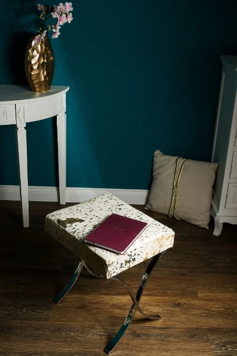 Casa Padrino taburete de dise?ador de piel sint¨¦tica blanco / oro / plata 40 x 33 x H. 45 cm - Muebles de Dise?ador