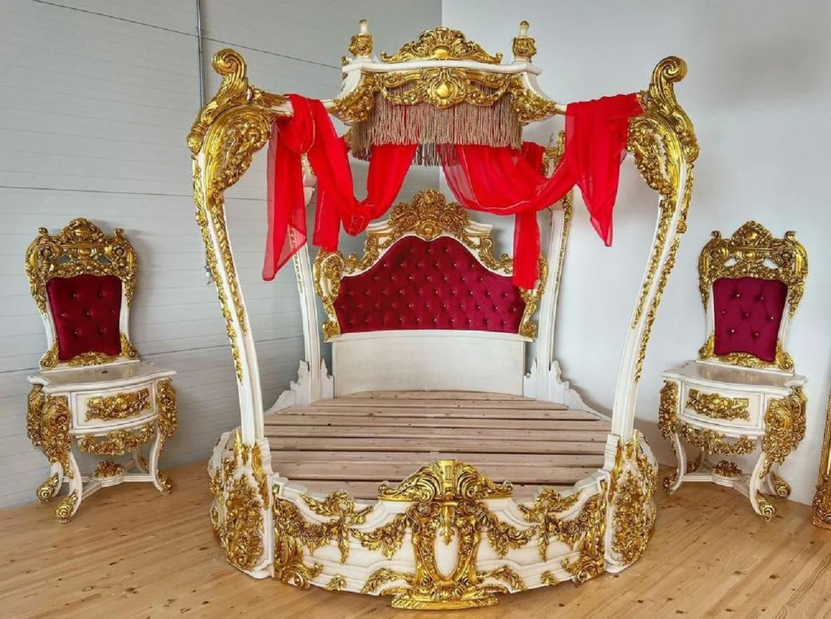 Casa Padrino cama de matrimonio barroco blanco / oro / rojo burdeos - Magnífica cama de madera maciza - Muebles de dormitorio en estilo barroco - Muebles de dormitorio barrocos