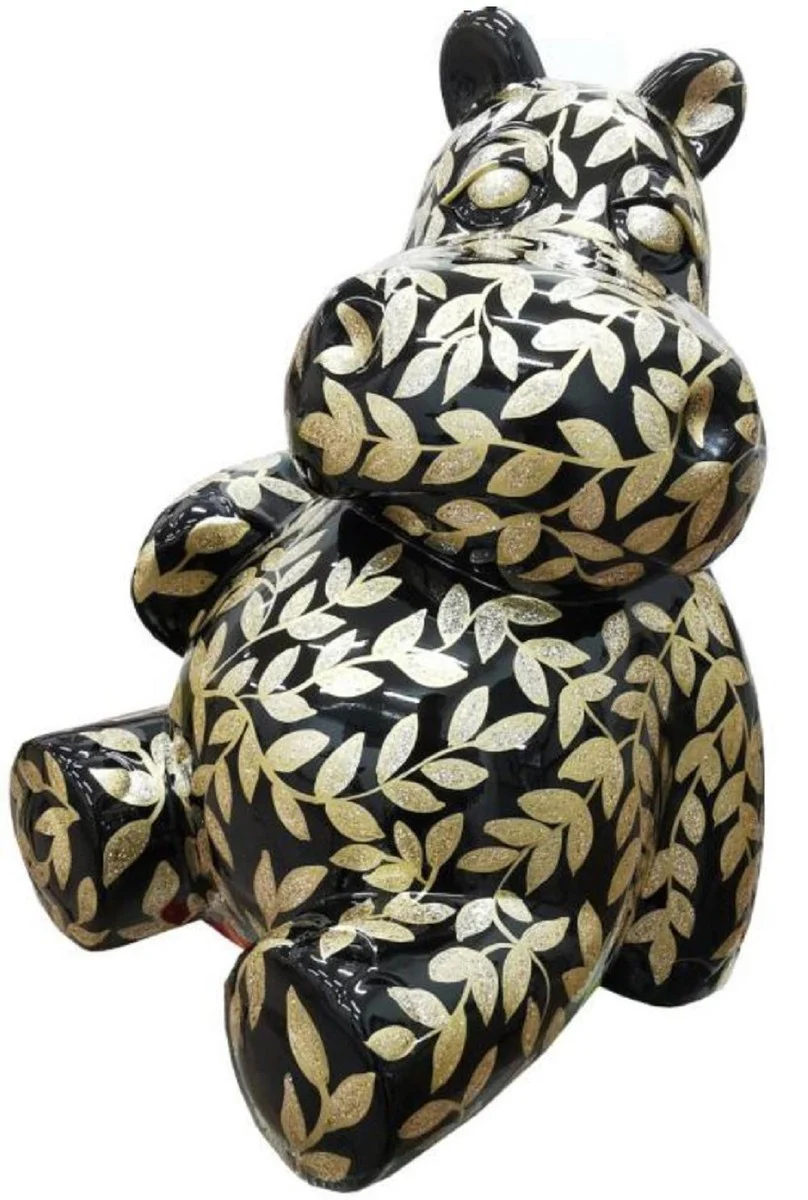 Casa Padrino escultura de diseño hipopótamo sentado con óptica purpurina negro / oro A. 100 cm - Figura decorativa resistente a la intemperie - Decoración salón - Decoración jardín - Decoración terraza