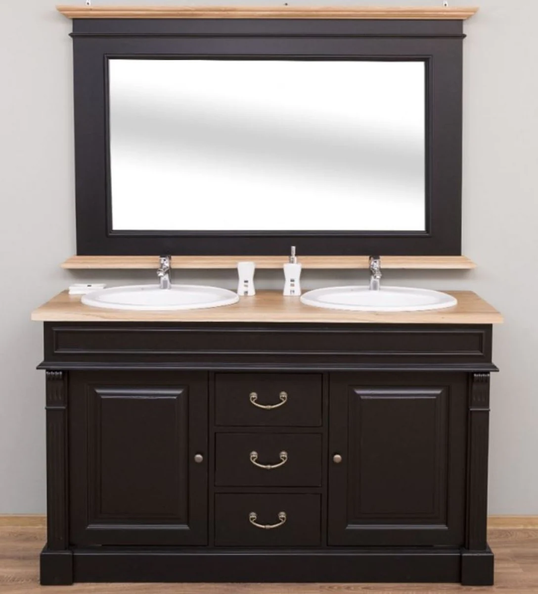 Casa Padrino Conjunto de Baño de Estilo Campestre Negro / Natural - 1 Gabinete del Fregadero Doble y 1 Espejo de Pared - Muebles de Baño de Madera Maciza en Estilo Campestre
