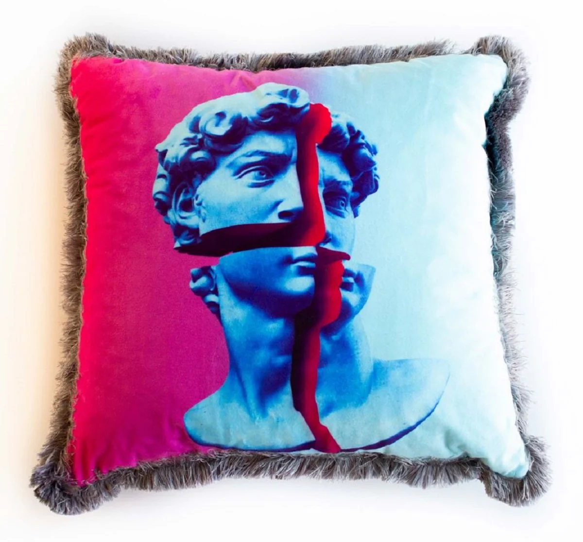 Casa Padrino cojín decorativa de lujo busto barroco multicolor / gris 45 x 45 cm - Almohada de terciopelo estampado con flecos - Accesorios decorativos de lujo