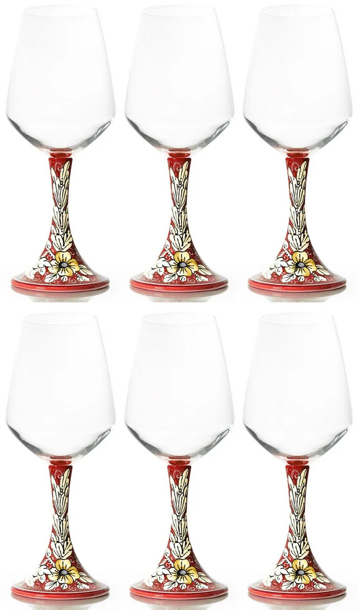 Casa Padrino conjunto de 6 copas de vino de cer¨¢mica de lujo rojo / multicolor A. 23,5 cm - Copas de vino hechas y pintadas a mano - Accesorios hoteles y restaurantes - Hecho en Italia