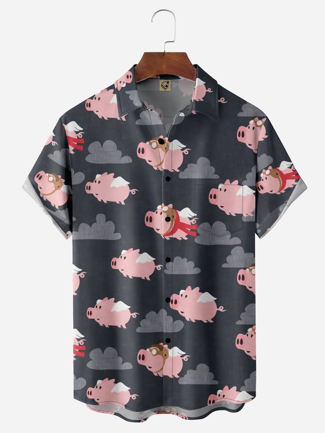 Fun Flying Pig Chest Pocket Short Sleeve Casual Shirt