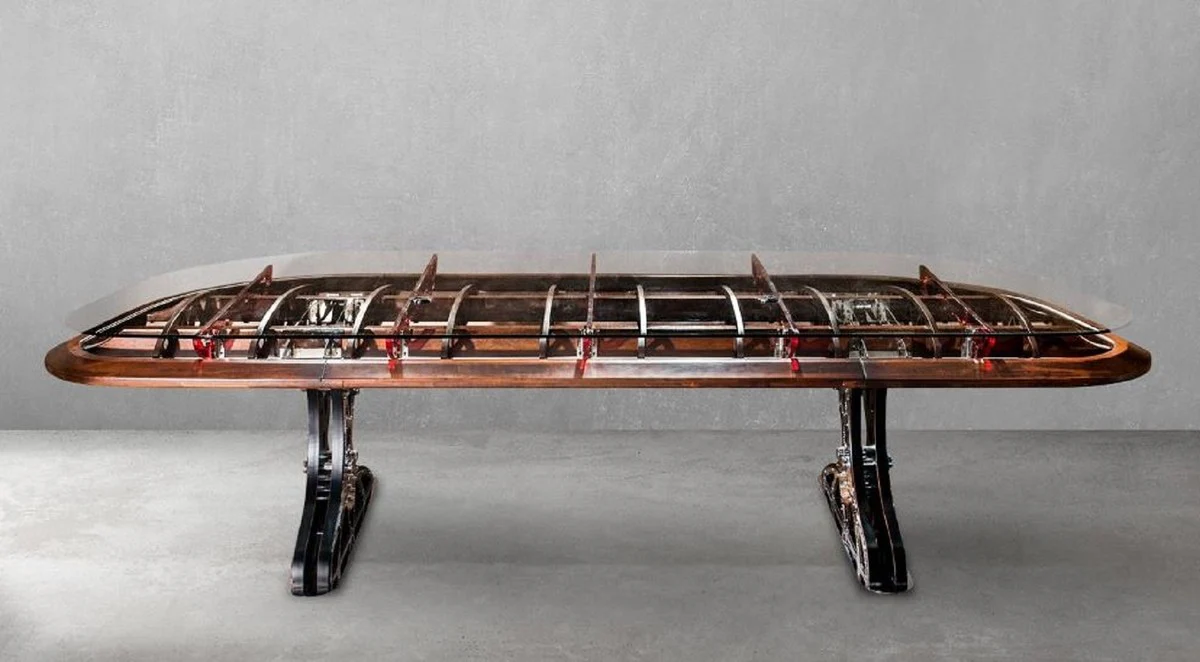 Casa Padrino escritorio de estilo industrial de lujo con tapa de vidrio plata / marr¨®n / rojo 333 x 125 x A. 78,5 cm - Mesa de oficina de estilo industrial - Muebles de estilo industrial de lujo