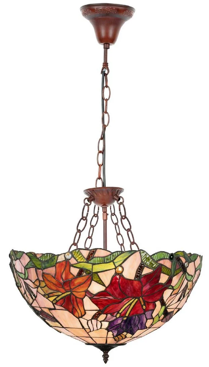 Casa Padrino lámpara colgante Tiffany de lujo multicolor / marrón Ø 50 x A. 80 cm - Lámpara colgante Art Deco Tiffany - Lámpara colgante de salón - Lámpara colgante decorativa - Luces Tiffany