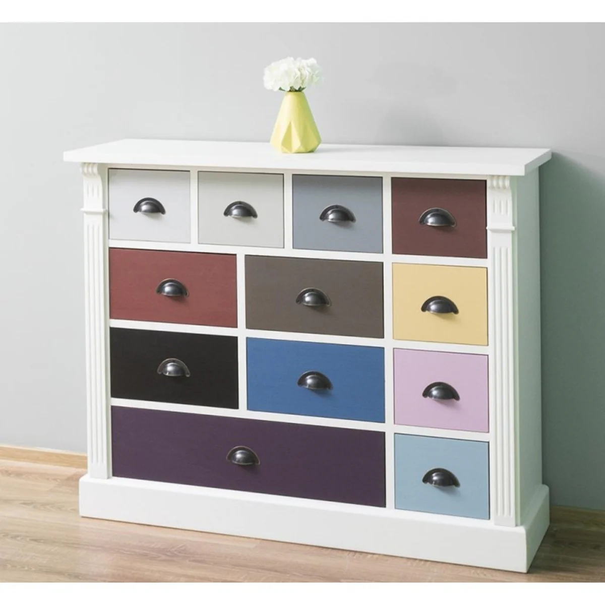 C¨®moda de estilo r¨²stico Casa Padrino blanca con 12 cajones coloridos - muebles de oficina en estilo r¨²stico